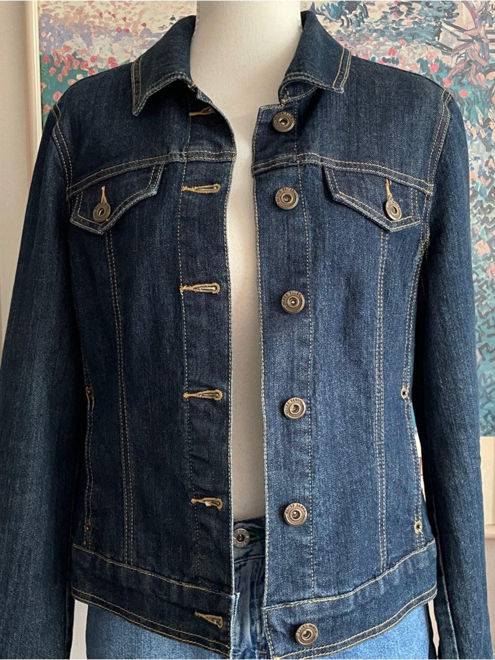 Vintage Y2K Dark Wash Denim Jean Jacket Medium Classic Indie Model Off Duty 90s - Picture 3 of 16